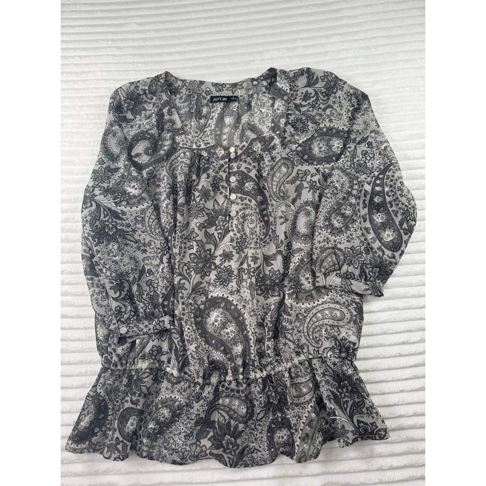 Apt 9 Womens Size L Gray Paisley Floral Peplum Blouse 3/4 Sleeve